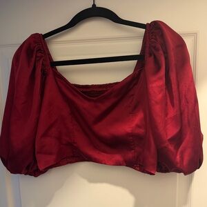 Red Satin Puff Sleeve Crop Top